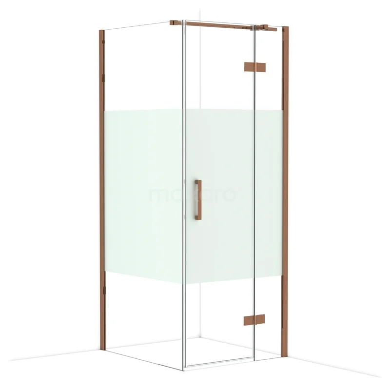 Diamond Shower enclosure | 90x80 cm Shiny copper Clear with matt strip Pivot door Rectangle CDB223509313GKP Douchecabine hoekmodel, glas met mat wit middenvlak, roestvrijstalen deurgreep, geschikt voor moderne badkamers.