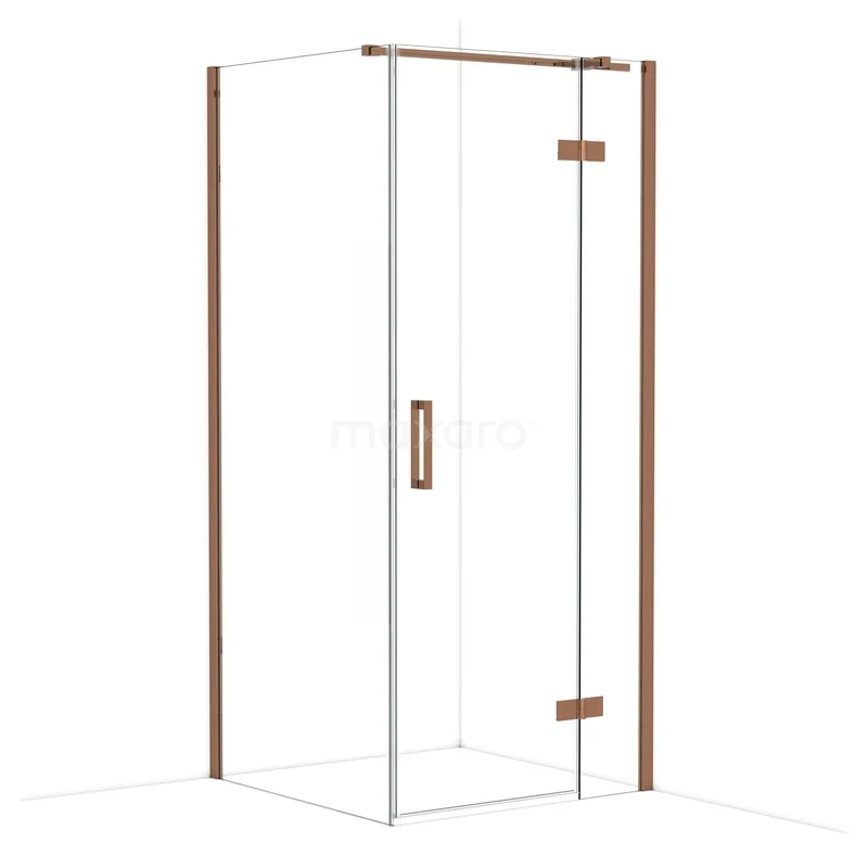 Glazen douchecabine met koperkleurige accenten, rechthoekig ontwerp en modern profiel voor een stijlvolle badkamer.