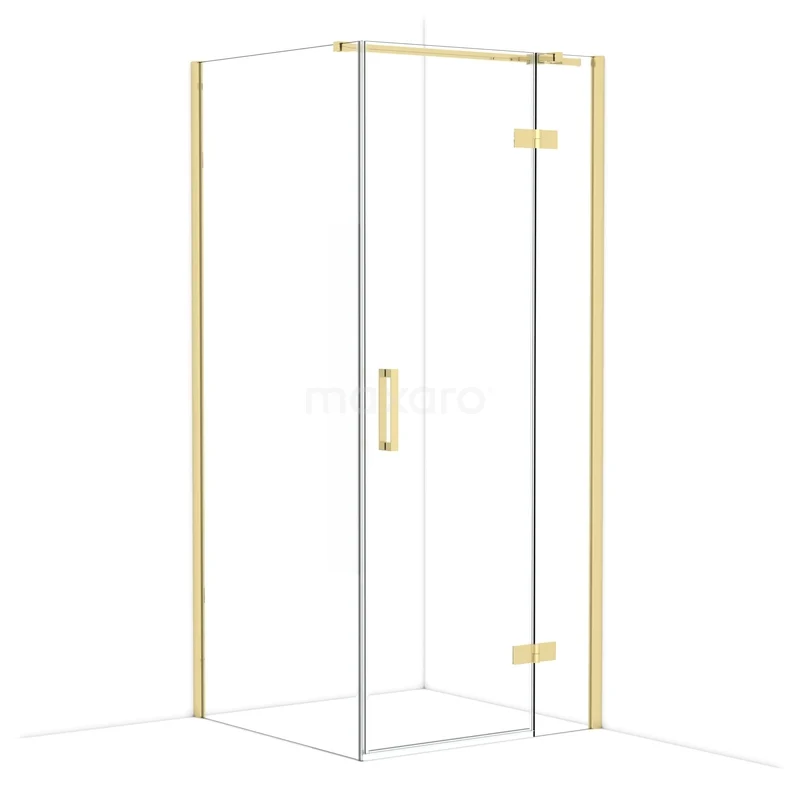 Douchecabine met gouden accenten, hoekig design en glazen wanden, perfect voor een moderne badkamer.