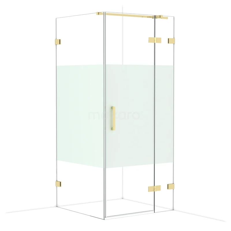 Diamond Shower enclosure | 90x90 cm Glossy light gold Clear with matt strip Pivot door Square CDB223609323GLG Glazen douchecabine met goudkleurige accenten, vierkant design, matglas details, ideaal voor een moderne badkamer.