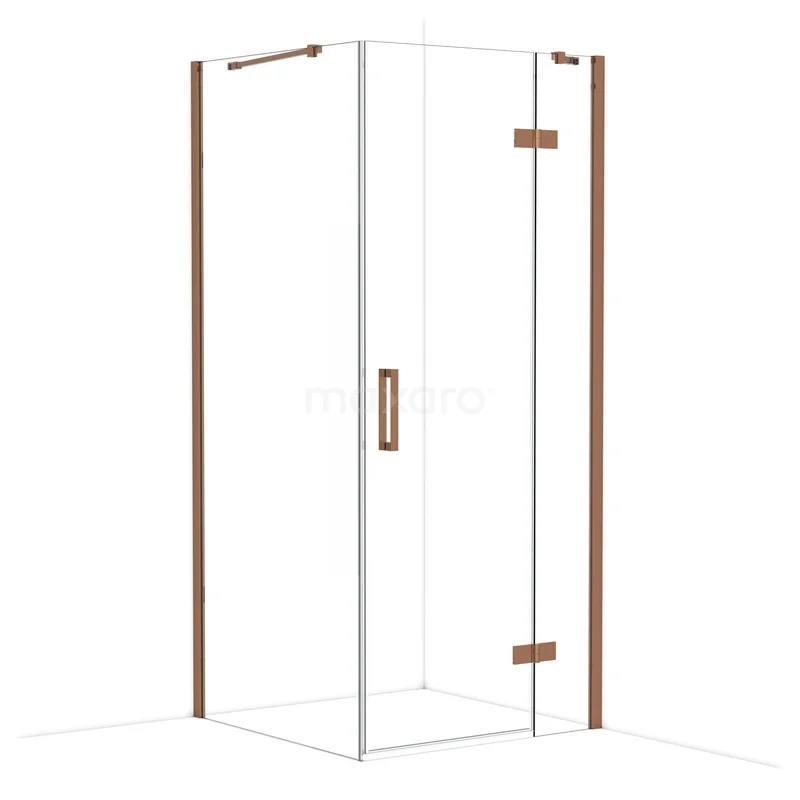 Diamond Shower enclosure | 90x90 cm Shiny copper Clear glass Pivot door Square CDB223609410GKP Douchecabine met hoekinstap, helder glas en koperkleurige accenten, perfect voor een moderne badkamer.