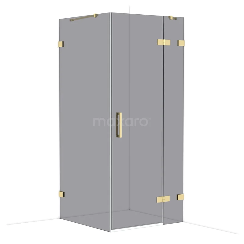 Glazen douchecabine met goudkleurige metalen scharnieren, strak design en draaideur, ideaal voor een moderne badkamerstijl.