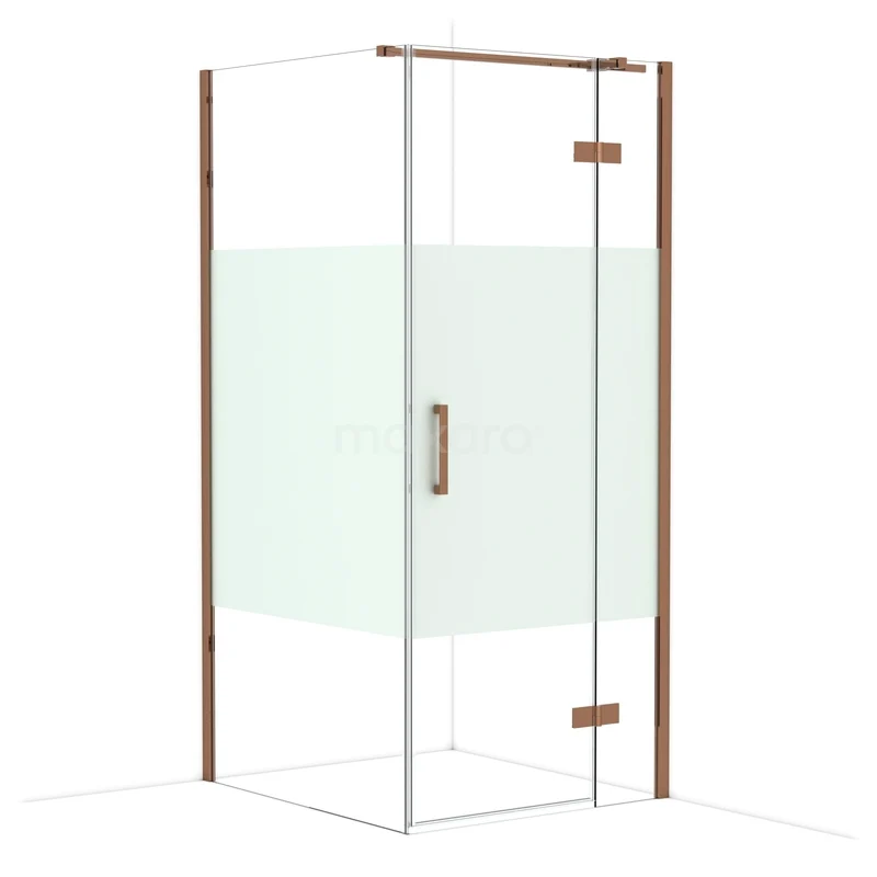 Diamond Shower enclosure | 100x90 cm Shiny copper Clear with matt strip Pivot door Rectangle CDB223610313GKP Glazen douchecabine met mat glazen paneel, hoekig ontwerp en rosékleurige details, ideaal voor een moderne badkamer.