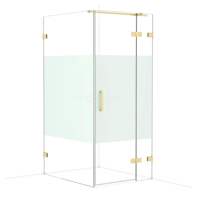 Diamond Douchecabine | 110x90 cm Glanzend lichtgoud Helder met matte strook Draaideur Rechthoek CDB223611323GLG Glazen douchecabine met gouden scharnieren en handgreep, minimalistisch ontwerp, perfect voor een luxe badkamerstijl.