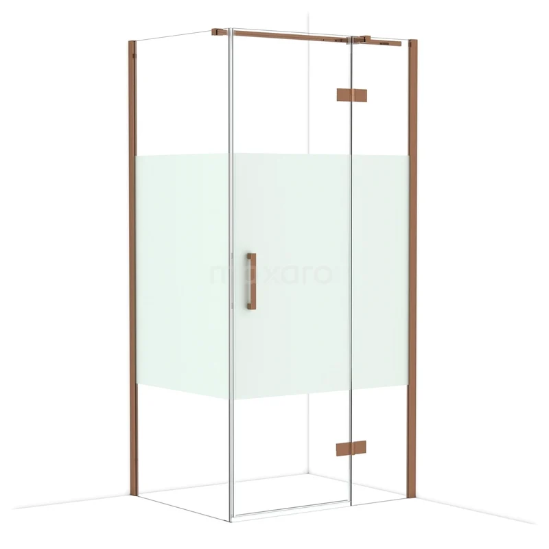 Diamond Shower cabin | 100x80 cm Shiny copper Clear with matt strip Pivot door Rectangle CDB224608313GKP Glass shower cabin with frosted glass middle strip, wooden accents and a metal handle, ideal for modern bathrooms.