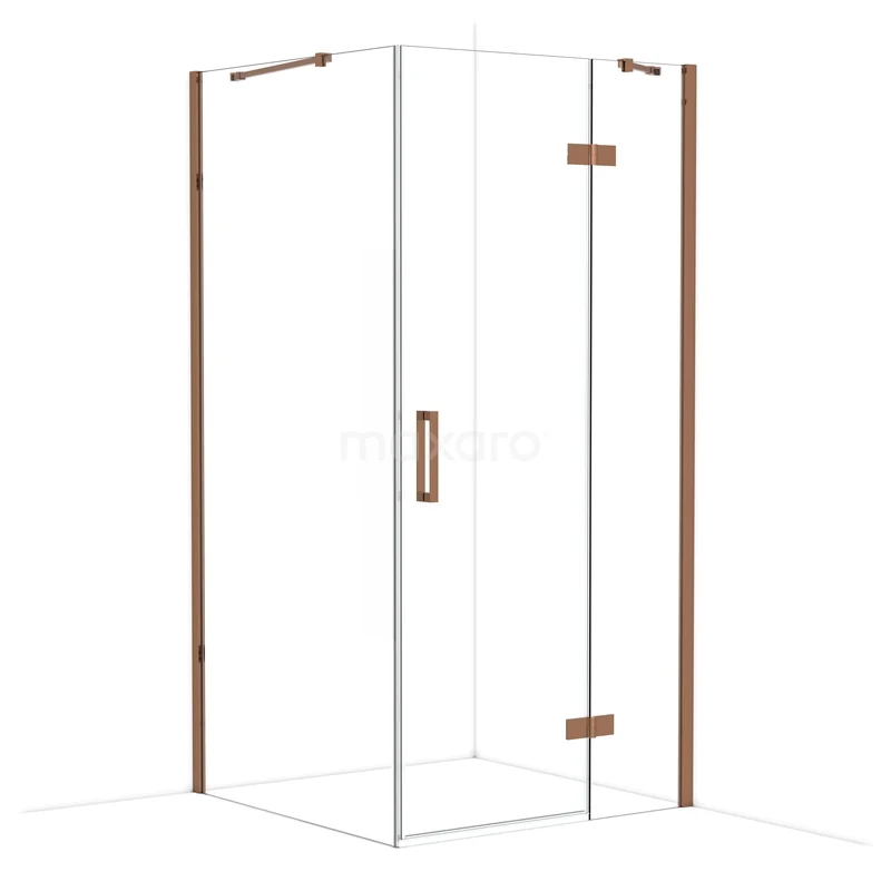 Glazen hoekdouche met roestvrijstalen accenten, houten details en modern design, perfect voor een stijlvolle badkamer.