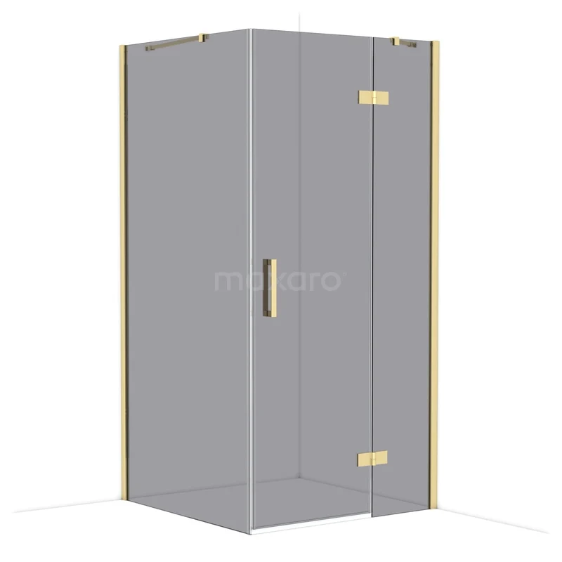 Diamond Shower cabin | 100x100 cm Shiny light gold Smoke glass Pivot door Square CDB224610411GLG Gold corner shower cabin with glass walls and a swinging door; a luxurious addition to your bathroom.