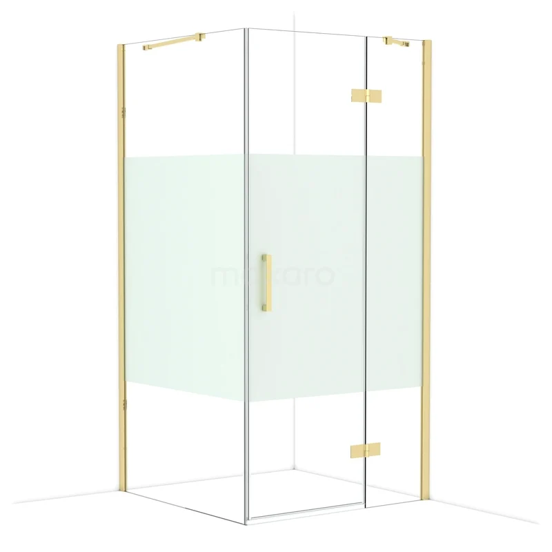 Diamond Shower enclosure | 100x100 cm Glossy light gold Clear with matt strip Pivot door Square CDB224610413GLG Glass shower cabin with gold-coloured profiles, matte middle panel and angular design, perfect for a modern bathroom.