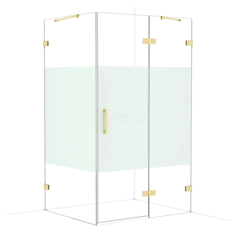 Diamond Shower enclosure | 120x100 cm Glossy light gold Clear with matt strip Pivot door Rectangle CDB226610423GLG Glazen douchecabine met mat witte strook, goudkleurige scharnieren en handgreep, modern ontwerp voor luxe badkamer.