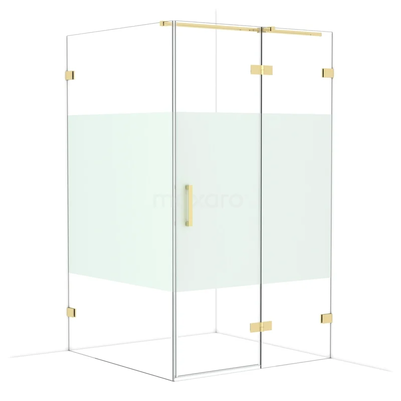 Diamond Shower enclosure | 120x120 cm Glossy light gold Clear with matt strip Pivot door Square CDB226612323GLG Glazen douchecabine met goudkleurige afwerking, rechthoekig design en matglas paneel, perfect voor een moderne badkamer.