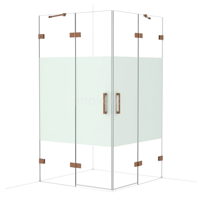 Diamond Shower enclosure | 110x110 cm Shiny copper Clear with matt strip Pivot door Square CDD6565423GKP Glazen hoekdouche met bronzen scharnieren, mat wit detail en dubbele deuren, perfect voor een stijlvolle badkamer.