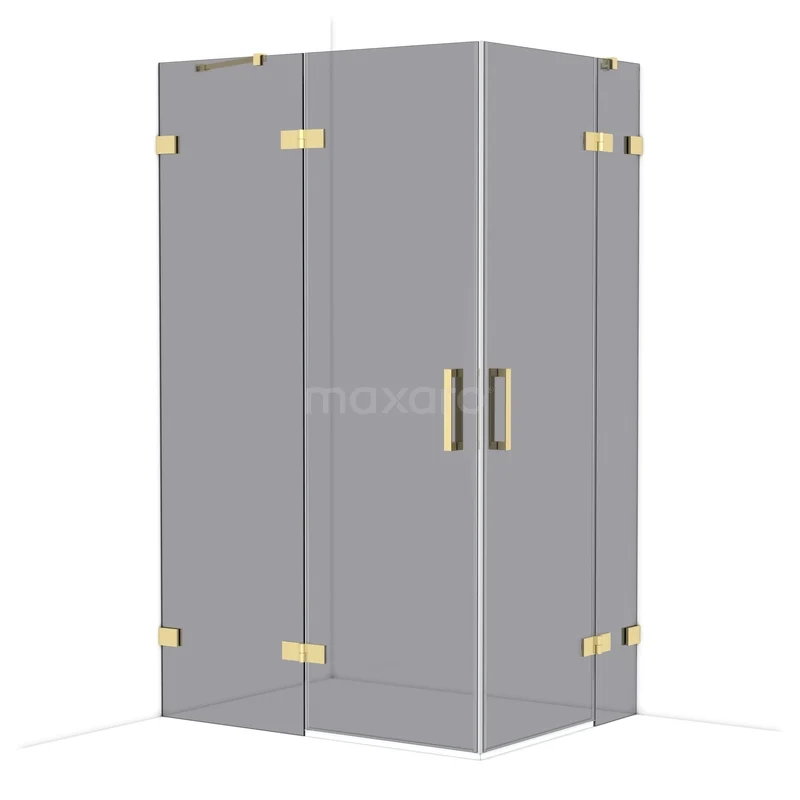 Diamond Shower enclosure | 120x90 cm Glanzend lichtgoud Smoke glass Pivot door Rectangle CDD6636421GLG Grijze glazen douchecabine met gouden scharnieren en handgrepen, ideaal voor stijlvolle badkamerinrichtingen.