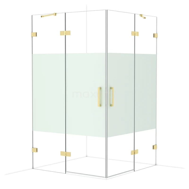 Diamond Shower enclosure | 120x120 cm Glanzend lichtgoud Clear with matt strip Pivot door Square CDD6666423GLG Glazen douchecabine met goudkleurige accenten, matglas in het midden, ideaal voor een stijlvolle badkamer inrichting.