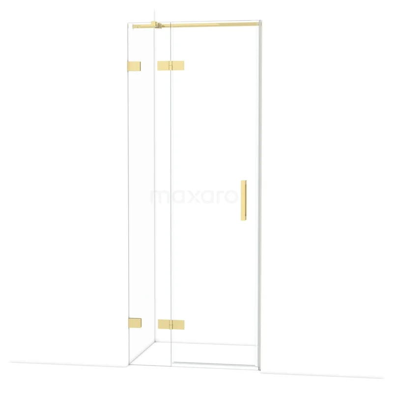 Diamond Shower door | 80 cm Glossy light gold Clear glass Pivot door DDB21351320GLG Glazen douchedeur met gouden scharnieren en handgreep, elegant design, perfect voor een moderne badkamer.