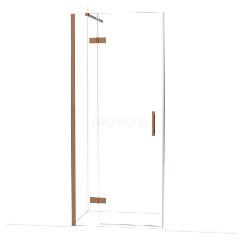 Diamond Shower door | 90 cm Shiny copper Clear glass Pivot door DDB21361110GKP Glazen douchedeur met hoekprofiel en houten accenten, geschikt voor moderne badkamers. Ontworpen met minimalistisch design.