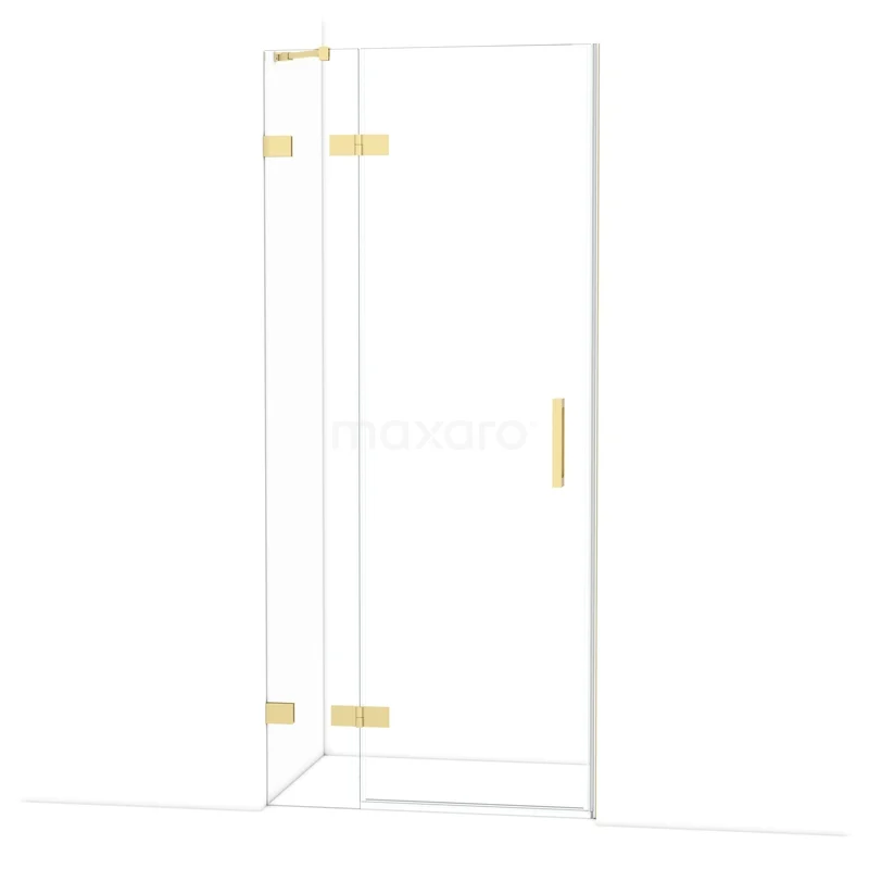Diamond Shower door | 90 cm Glossy light gold Clear glass Pivot door DDB21361220GLG Glazen douchewand met goudkleurige scharnieren, moderne hoekopstelling voor stijlvolle badkamer inrichting.