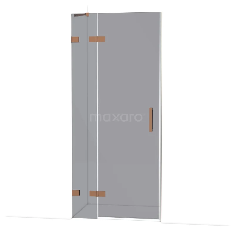 Diamond Shower door | 90 cm Shiny copper Smoke glass Pivot door DDB21361221GKP Glazen douchedeur met mat zwart handvat en rosegoud scharnieren, modern badkamerdesign.