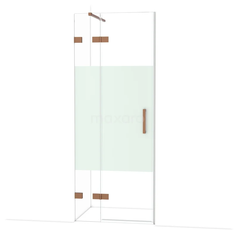Diamond Shower door | 80 cm Shiny copper Clear with matt strip Pivot door DDB21351123GKP Glazen douchedeur met mat profiel, messing scharnieren en handgreep, geschikt voor een moderne badkamerstijl.