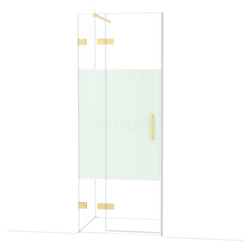Diamond Shower door | 80 cm Glossy light gold Clear with matt strip Pivot door DDB21351123GLG Glazen douchedeur met goudkleurige scharnieren, mat inlegpaneel en strakke vormgeving; stijlvolle badkamertoepassing.