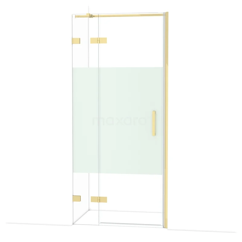 Diamond Shower door | 90 cm Glossy light gold Clear with matt strip Pivot door DDB21362323GLG Gouden douchedeur met matglas, modern design, perfect voor een luxe badkamerupgrade.