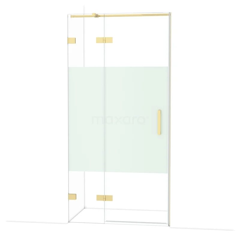 Diamond Shower door | 100 cm Glossy light gold Clear with matt strip Pivot door DDB21461323GLG Glazen douchecabine met gouden accenten, hoekmodel met matglas design, perfect voor een stijlvolle badkamer.