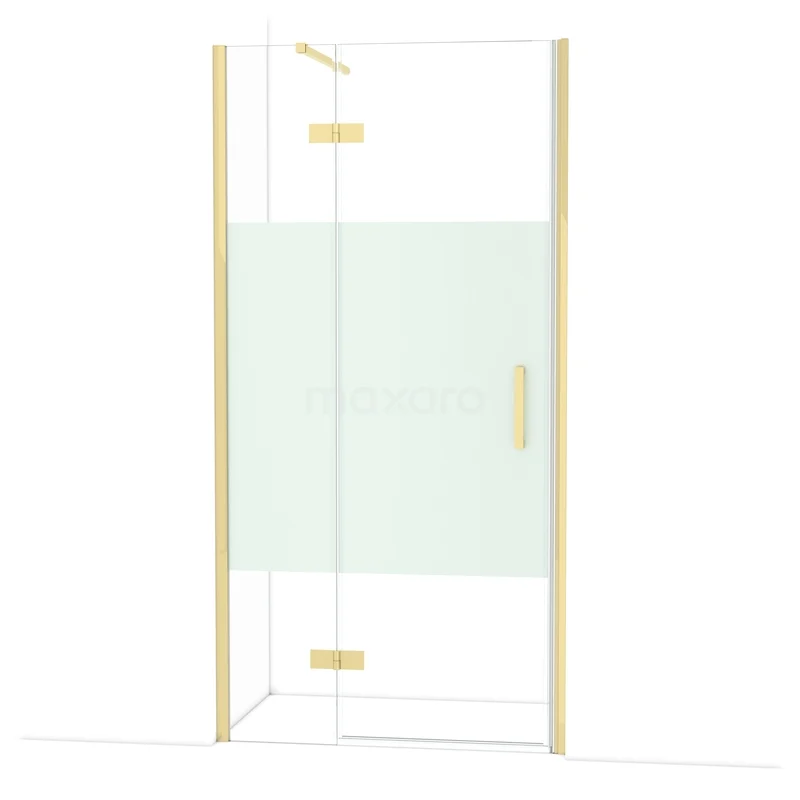 Diamond Shower door | 100 cm Shiny light gold Clear with matt strip Pivot door DDB21462113GLG Glass shower door with gold-coloured frame, satin glass and corner setup, perfect for a modern bathroom style.