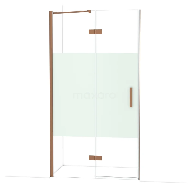 Diamond Shower door | 110 cm Shiny copper Clear with matt strip Pivot door DDB21651213GKP Glazen douchewand met koperkleurig frame, voorzien van handgreep en matglazen detail, perfect voor een moderne badkamerstijl.