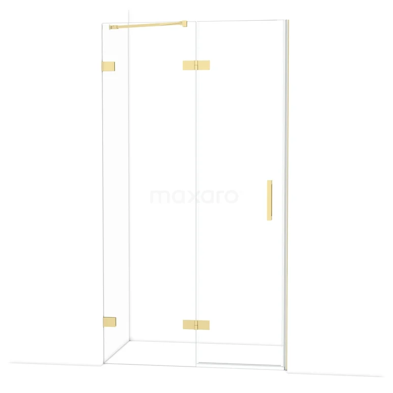 Hoekdouche met glazen wanden, goudkleurige accenten en minimalistisch design. Perfect voor een moderne badkamer.