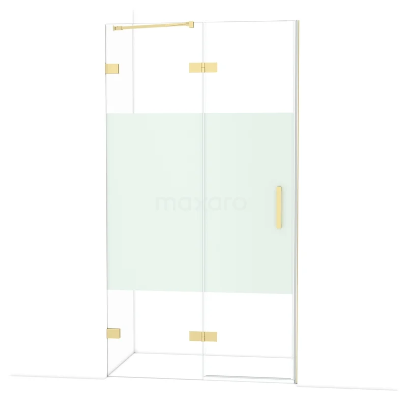 Diamond Shower door | 110 cm Shiny light gold Clear with matt strip Pivot door DDB21651223GLG Glass shower cabin with gold-coloured hinges and handle, matte finish in the middle of the glass.
