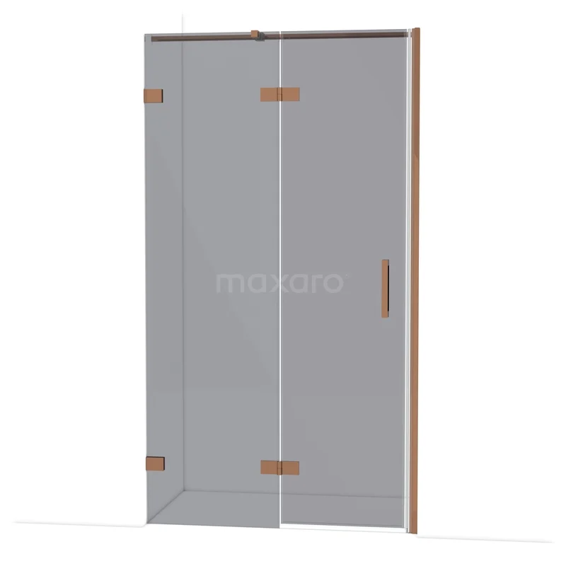 Diamond Shower door | 110 cm Shiny copper Smoke glass Pivot door DDB21652321GKP Douchedeur van helder glas met mat gouden scharnieren, strak design, ideaal voor moderne badkamers.