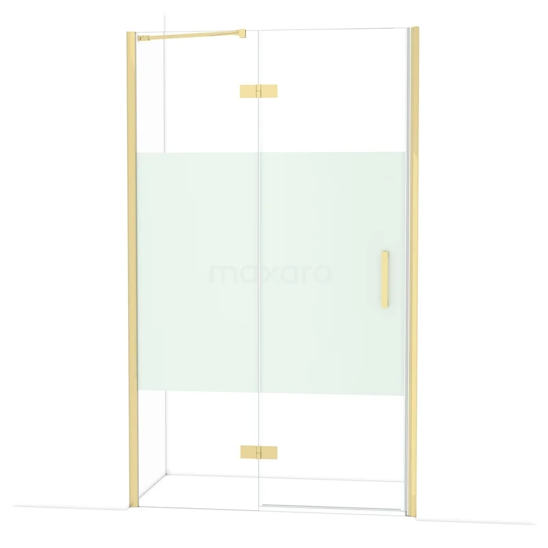 Diamond Shower door | 120 cm Glossy light gold Clear with matt strip Pivot door DDB21662213GLG Douchedeur met gouden omlijsting, matglas centraal en helder glas zijpanelen, perfect voor een moderne badkamerstijl.