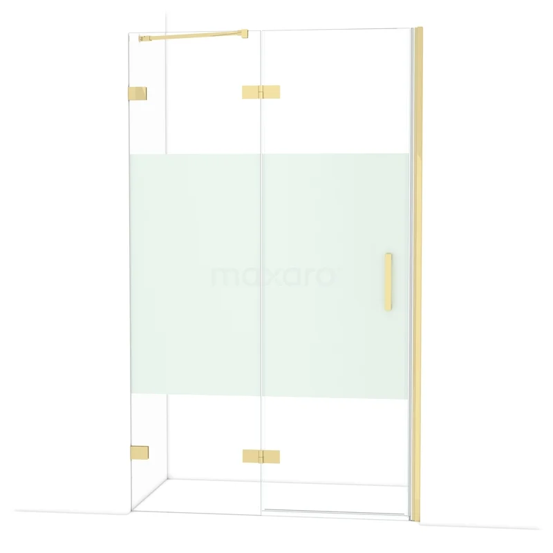 Diamond Shower door | 120 cm Shiny light gold Clear with matt strip Pivot door DDB21662223GLG Glass shower cabin with golden accents, frosted glass strip and corner entry, perfect for a luxury bathroom design.