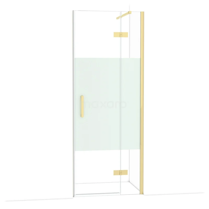 Diamond Shower door | 80 cm Shiny light gold Clear with matt strip Pivot door DDB22351113GLG Glass shower door with gold hinges and handle, modern design for a stylish bathroom.