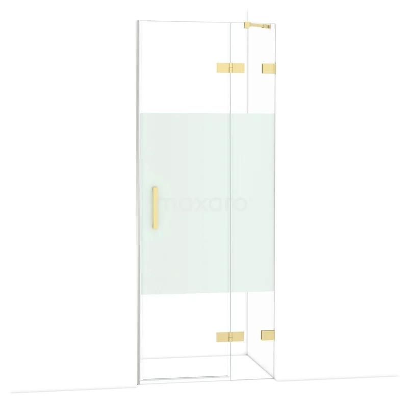 Diamond Shower door | 80 cm Shiny light gold Clear with matt strip Pivot door DDB22351223GLG Frosted glass shower door with gold-coloured hinges and handle, modern style for a luxury bathroom.