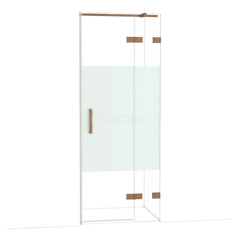 Diamond Shower door | 80 cm Shiny copper Clear with matt strip Pivot door DDB22351323GKP Douchedeur met matglas, zilverkleurig frame en bronzen scharnieren, perfect voor een stijlvolle badkamerinrichting.
