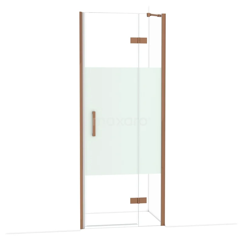 Diamond Shower door | 80 cm Shiny copper Clear with matt strip Pivot door DDB22352213GKP Glazen douchedeur met brasskleurig frame, deels matglas, modern ontwerp, perfect voor een stijlvolle badkamer.
