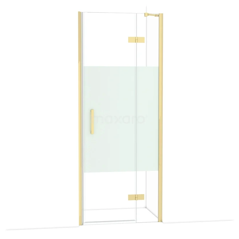 Diamond Shower door | 80 cm Glossy light gold Clear with matt strip Pivot door DDB22352213GLG Douchedeur met goudkleurige accenten, mat glas en helder glas, ideaal voor een stijlvolle en moderne badkamer.