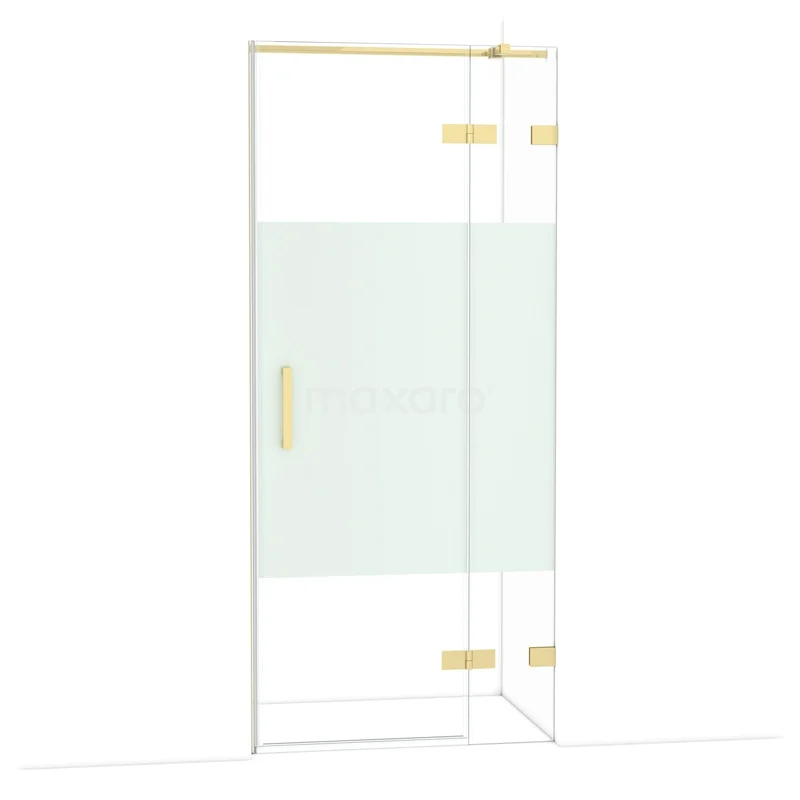 Diamond Shower door | 90 cm Glossy light gold Clear with matt strip Pivot door DDB22361323GLG Douchecabine met helder glas en gouden accenten, perfect voor een moderne badkamer.