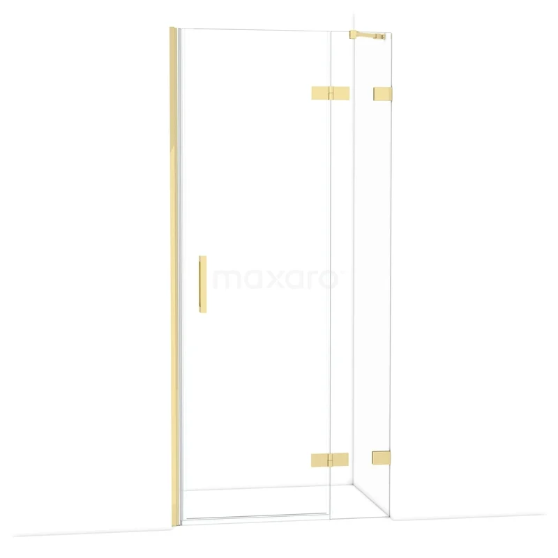 Diamond Shower door | 90 cm Glossy light gold Clear glass Pivot door DDB22362220GLG Glazen douchedeur met goudkleurige scharnieren en handgreep, ideaal voor een moderne badkamer inrichting.