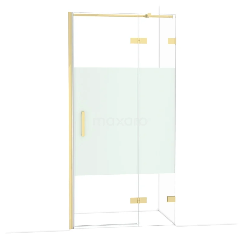 Diamond Shower door | 100 cm Glanzend lichtgoud Clear with matt strip Pivot door DDB22462323GLG Gouden douchecabine met matglas details, draaideur en modern design, stijlvolle toevoeging aan elke luxe badkamer.