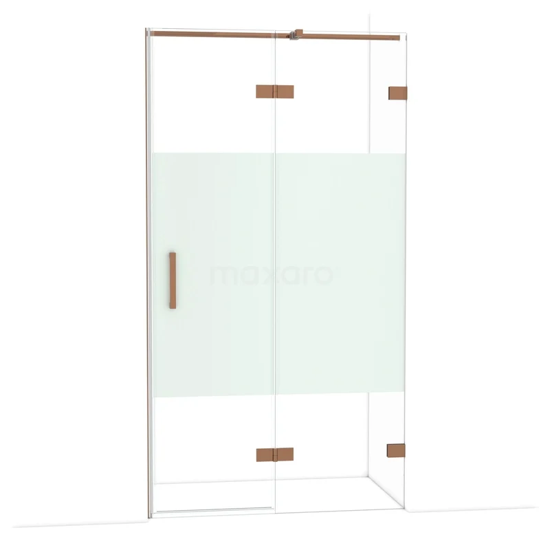 Diamond Shower door | 110 cm Glanzend koper Clear with matt strip Pivot door DDB22651323GKP Glazen douchewand met schuifdeur, matglas en koperkleurige accenten, ideaal voor een moderne badkamerstijl.