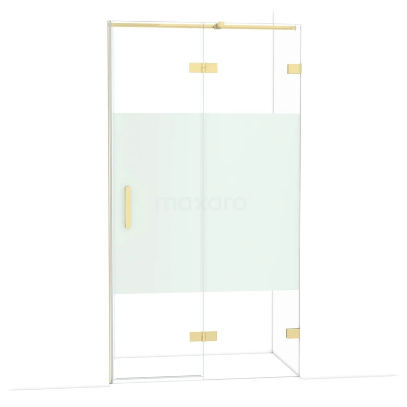Diamond Shower door | 110 cm Glanzend lichtgoud Clear with matt strip Pivot door DDB22651323GLG Douchecabine met glazen wanden en goudkleurige accenten, ideaal voor een luxe badkamer inrichting.