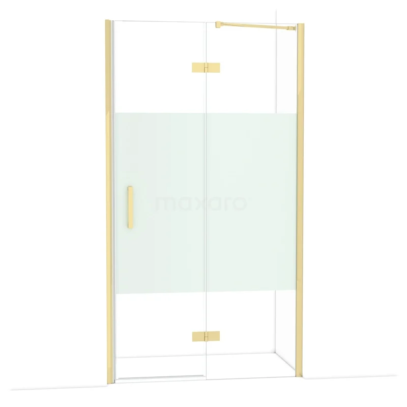 Diamond Shower door | 110 cm Glanzend lichtgoud Clear with matt strip Pivot door DDB22652213GLG Gouden douchedeur met matglas paneel, minimalistisch design, perfect voor een stijlvolle en moderne badkamer.
