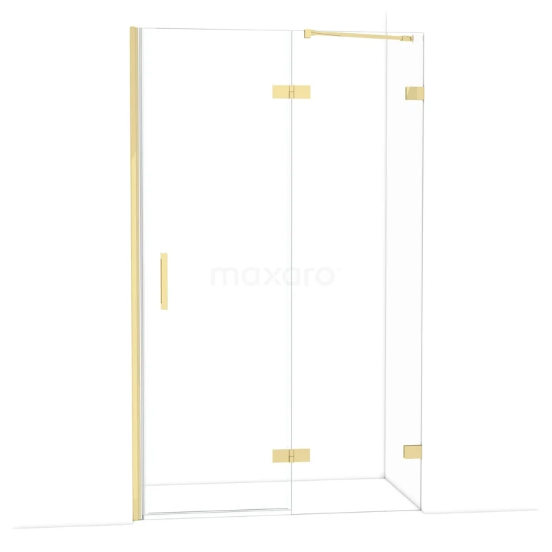 Douchewand met goudkleurige scharnieren en handvat, helder glas, luxe badkameraccessoire voor moderne badkamers.