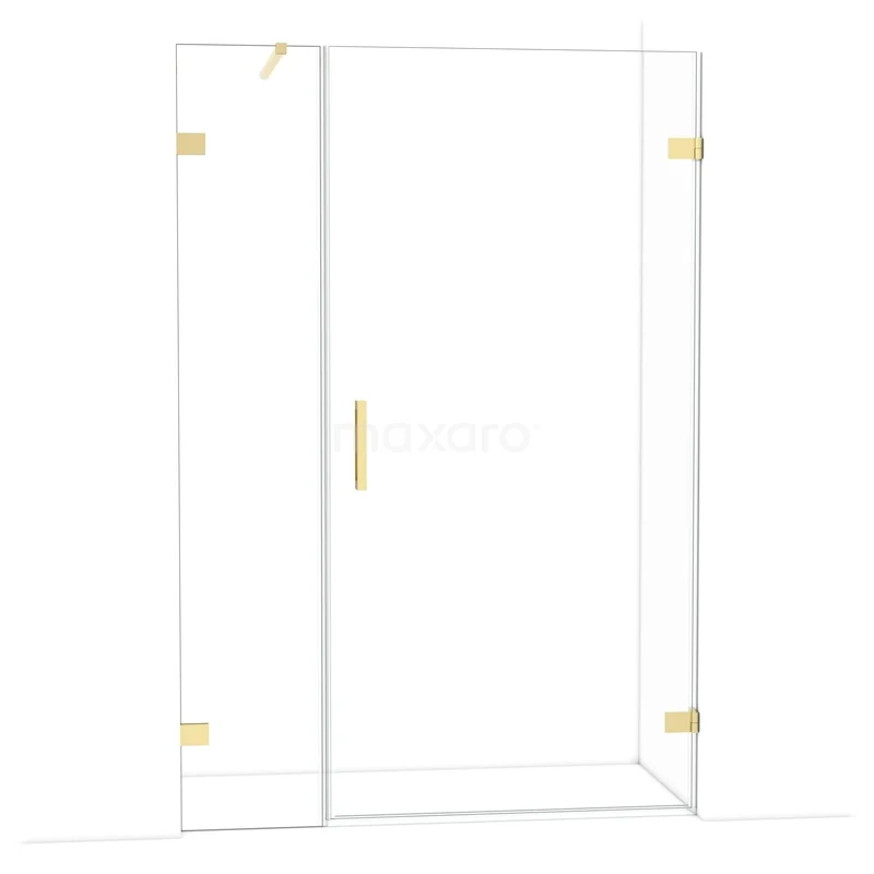 Diamond Shower door | 135 cm Shiny light gold Clear glass Pivot door DDC221004120GLG Glass shower wall with golden accents, minimalist design, perfect for a luxury bathroom decor.