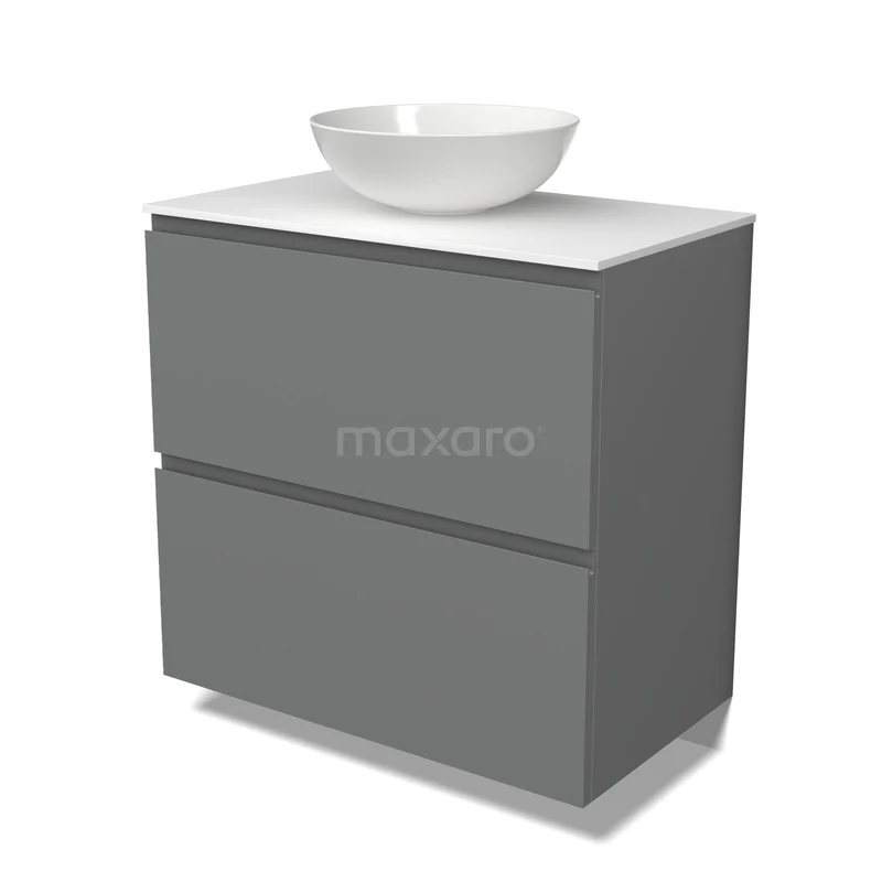 Modulo Plato Vanity units for countertop basin | 80 cm Mid grey Handle-less front Solid surface worktop 2 stacked drawers under each other BMK13-01293 Grijze badkamermeubel met witte wastafelkom, modern design, geschikt voor strakke en stijlvolle badkamers.