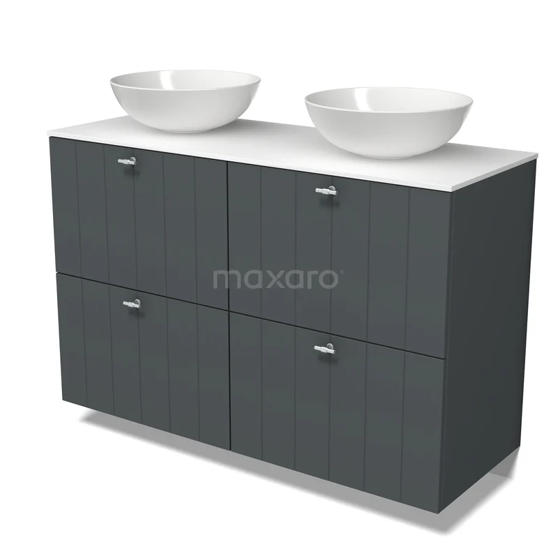 Möbel für Aufsatzwaschbecken BMK14-00994 Dunkelgrauer Badschrank mit vier Schubladen, weißer Platte und zwei runden Waschbecken. Modernes Design für Badezimmerlagerung.