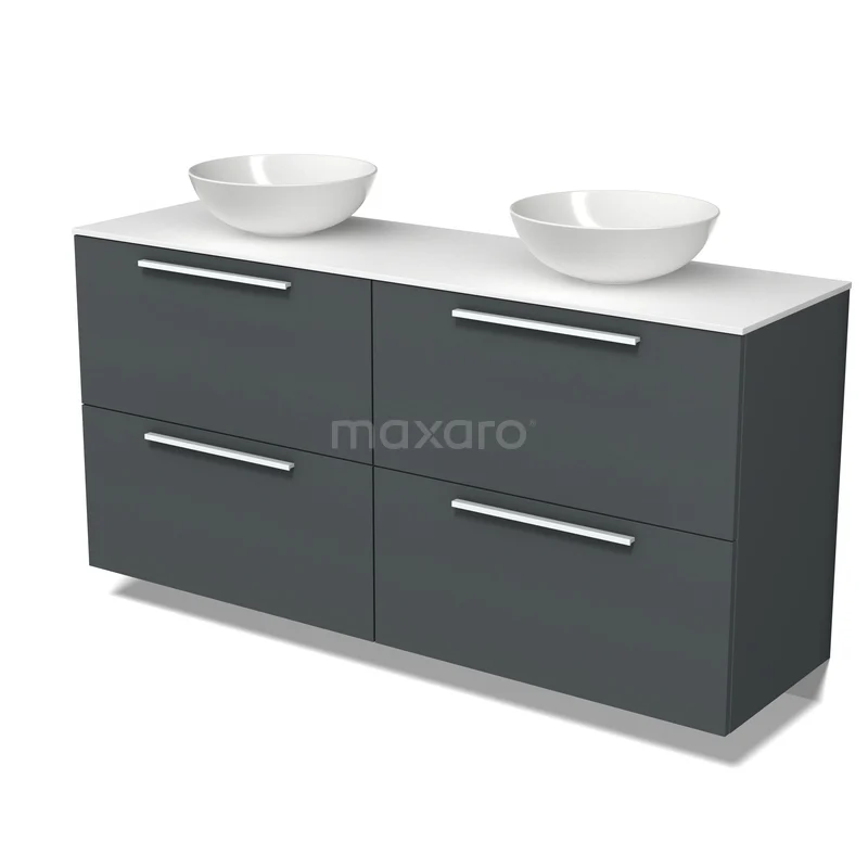 Modulo Plato Vanity units for countertop basin | 160 cm Dark grey Flat front Solid surface worktop 4 high drawers BMK14-01012 Donkergrijze badmeubelset met twee waskommen, strak design, ideaal voor een moderne badkamer inrichting.