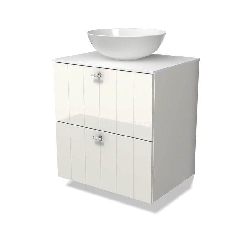 Modulo Plato Vanity units for countertop basin | 60 cm High-gloss white Slat front Solid surface worktop 2 Stacked drawers BMK17-03590