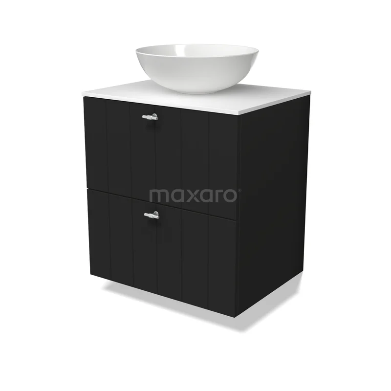 Modulo Plato Vanity units for countertop basin | 60 cm Matte black Slat front Solid surface worktop 2 Stacked drawers BMK17-03602 Modulo Plato Vanity units for countertop basin | 60 cm Matte black Slat front Solid surface worktop 2 Stacked drawers BMK17-03602